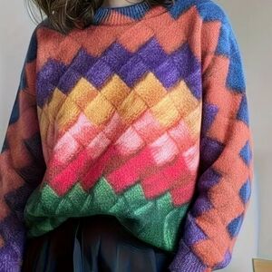 Women's Vibrant Multicolor Chevron Knit Crewneck Sweater.